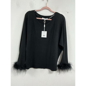 Womans NWT Siani Milano Pull Over Long Sleeve Sweater Black XL Feather Wrist